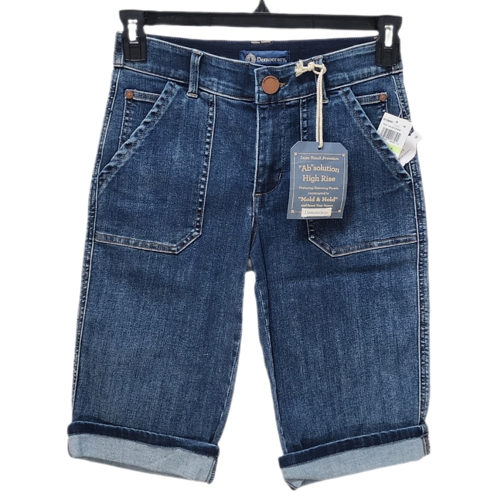Democracy 13" Inseam Bermuda Shorts Roll Cuff High Rise Ab Solution Indigo 4
